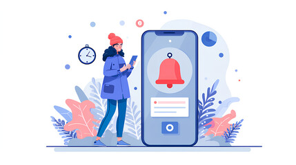 Alert notification concept. Reminder, Push Notifications, Web Reminders, Time Table and Announcements. Person using smartphone with bell notification icon on virtual screen.