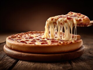 Delicious cheese pizza slice cozy dining setting food photography rustic environment close-up view culinary delight