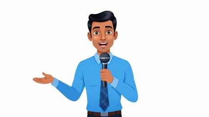 Indian male presenter speaking into microphone 2D character animation. Presentable TV host gesturing cartoon 4K video, alpha channel. Talking anchorman holding mic animated person on white background
