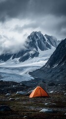 Obraz premium High quality photo of small Orange Tent in a Glacial Landscape.