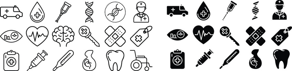 Healthcare and medical icons set, bundle, vector, line art, isolated on transparent background