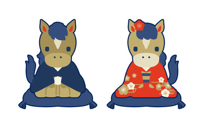 正月　着物を着た馬のイラスト