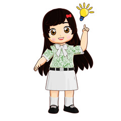 3D illustration of a girl in a batik shirt, with a lightbulb above her head, symbolizing creativity, inspiration, and education in a playful style.