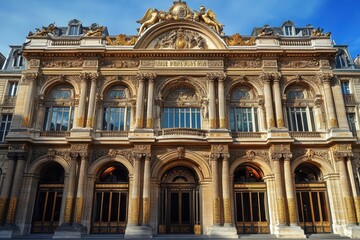 Fototapeta premium Stunning architectural details of an ornate building facade in Paris showcasing historical elegance, Beautiful building facade architecture in Paris city center