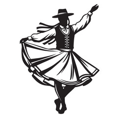 Fototapeta premium Silhouette of a traditional folk dancer in motion vector illustration in black and white