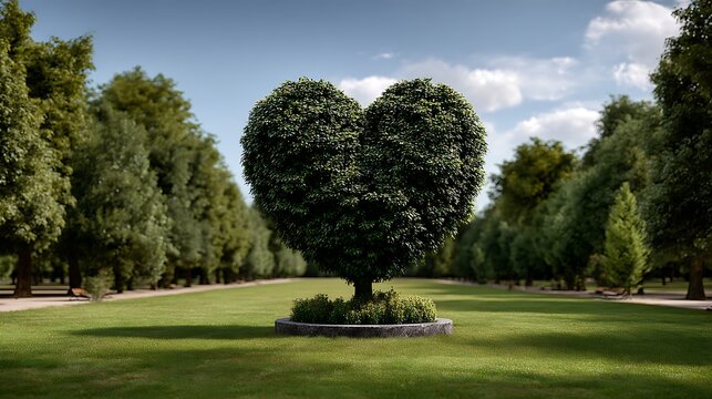 Romantic heart shaped tree in green park topiary love nature symbol scenic landscape nature's embrace