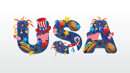 Flat Vector Illustration of USA Theme with Patriotic Elements and American Flag for Independence Day and National Celebration