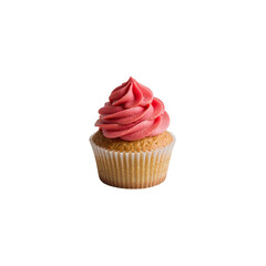 A delightful cupcake adorned with a swirl of pink frosting stands out against a stark transparent background, perfect for dessert or bakery themes.
