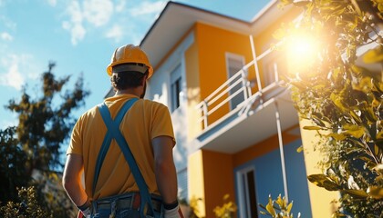 construction worker in a yellow shirt and hard hat observes a brightly colored modern house with orange and blue walls
