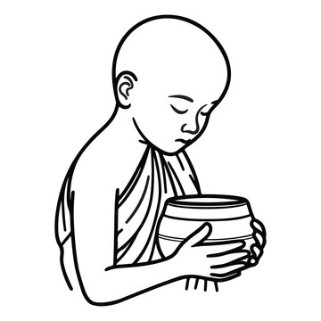 monk holding bowl, black and white clip art preview
