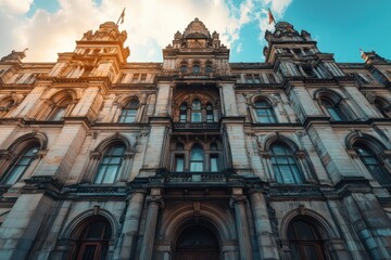 Fototapeta premium Exploring the intricate facade of Glasgow's City Chambers against a vibrant sky at dusk, The City Chambers facade in Glasgow