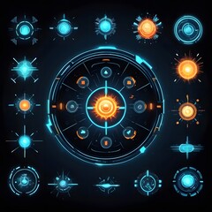 Obraz premium Futuristic UI Elements Sci-Fi Interface Design Kit - 20+ Glowing HUD Icons