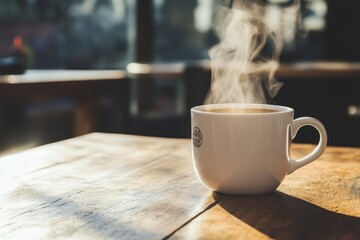 Steaming white coffee cup on wooden table in a cozy cafe setting during the morning light, Steaming white coffee cup on wooden table