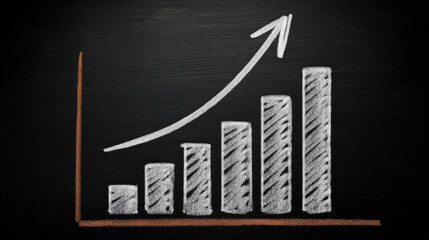 Graph Illustrating Growth Trend with Chalk on Blackboard Surface Showing Increasing Bars and Upward Arrow in Business and Financial Context