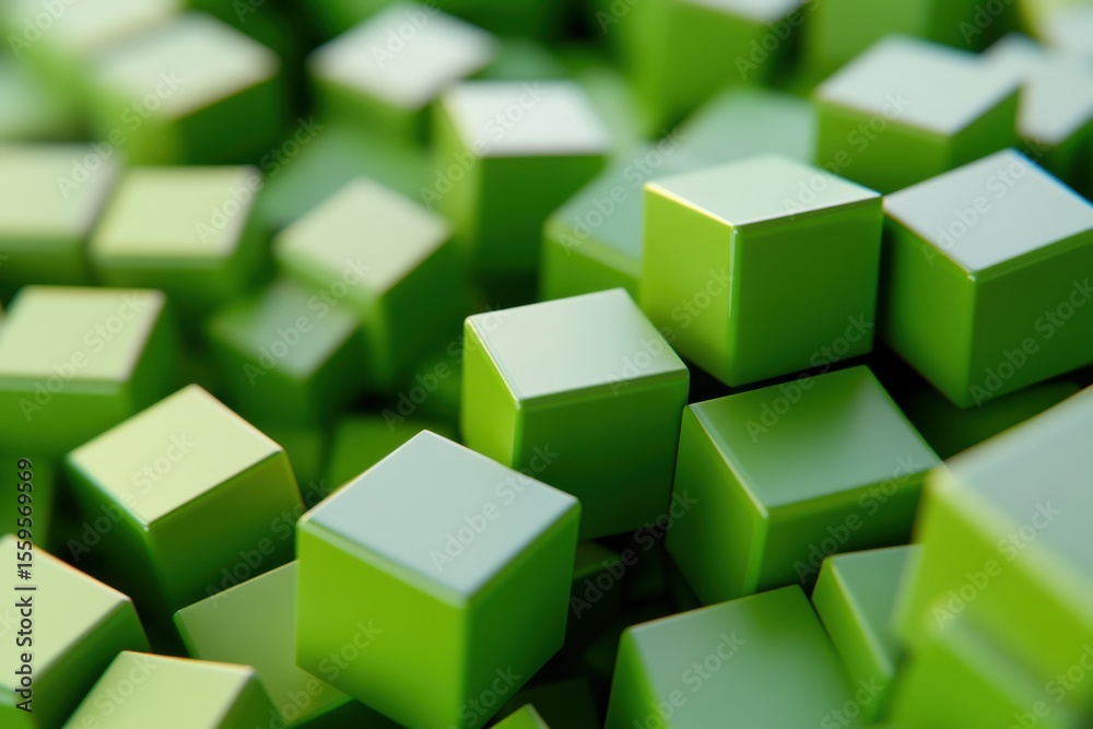 Poster composition of green cubes creating an abstract representation in a 3d space, green cubes compositio