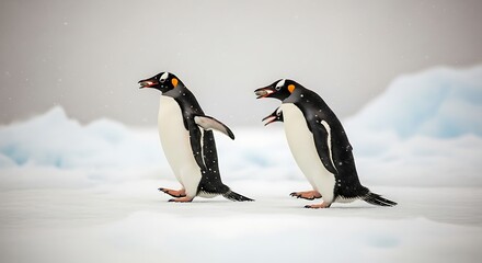 Obraz premium Antarctic Penguins in Motion Catching Prey in Snowy Landscape.