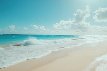 Fototapeta premium Tropical beach paradise with clear blue sky and gentle waves on a sunny day, Tropical beach at sunny day with clear blue sky, white sand and sea waves vid