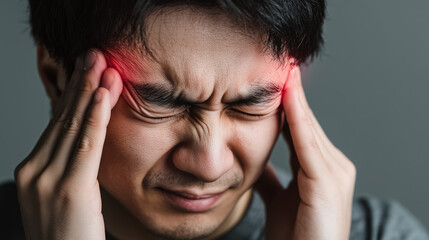 Fototapeta premium Young man experiencing severe headache while holding his temples with closed eyes, showcasing visible discomfort and frustration in a moody indoor environment