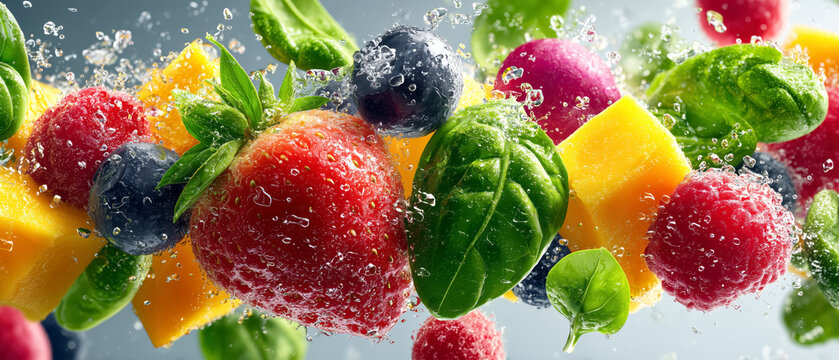 Vibrant Fresh Fruit and Herb Splash with Bubbles, Highlighting Strawberries, Raspberries, Blueberries, Mango, and Fresh Basil Leaves