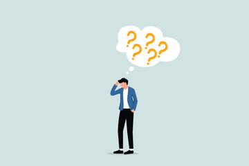 Choosing options or choices, answers to questions or solutions, problem solving, frustrated businessman with a bubble full of question marks thinking and making decisions with lots of question marks.