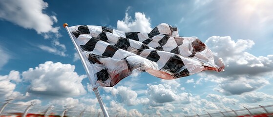 Checkered flag waving in a vibrant sky