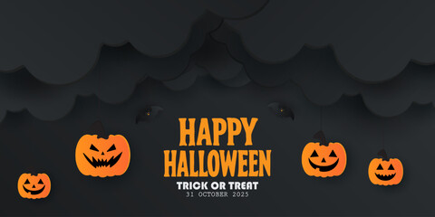 Happy Halloween posters, cards, banner with night clouds pumpkins Full moon and flying bat in paper cut style. collection of Halloween background, flayer, cover, Brochure with copy space for ads promo