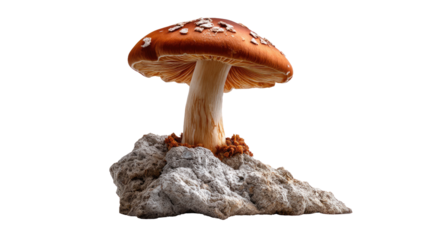 Amanita Mushroom on Rock: A vibrant Amanita mushroom stands on a weathered rock, its iconic red cap dotted with white spots, a captivating symbol of the forest floor.
