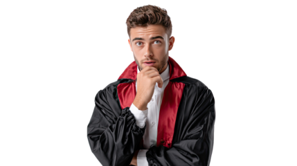 Thoughtful academic: A handsome young man, attired in academic garb, exhibits a contemplative look, hand at chin, embodying intellectual introspection.
