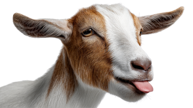 Goat's Playful Pose: A whimsical close-up captures a goat playfully sticking its tongue out, exuding a sense of cheeky charm.