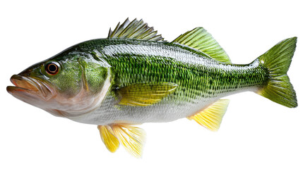 Fototapeta premium Bass Fish Isolated: A detailed image of a largemouth bass fish, a freshwater fish species, showcased with its vibrant hues and intricate scales, offering a clear representation.