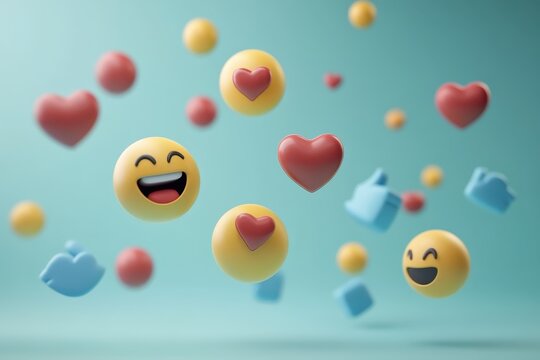 Falling social media emojis and likes create a playful moment in virtual communication design, Falling social media unique design emojis and likes seamless 3D - Powered by Adobe