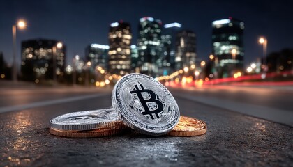 Bitcoin coins on city street at night