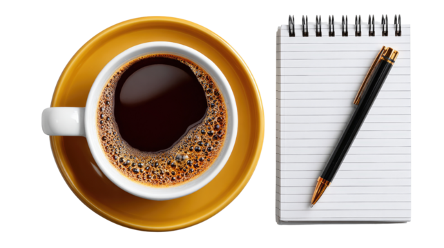Coffee Break Inspiration: A perfectly composed overhead shot captures a steaming cup of coffee resting on a yellow saucer, beside a fresh notepad and a sleek pen.