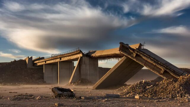 Destroyed concrete bridge with blowing dust at sunset