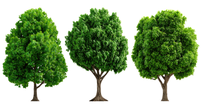 Trio of trees: Witness the stunning details and variations between three flourishing trees, each bathed in a soft light, presenting a harmonious display of nature.