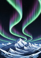 Enchanting Aurora Borealis Shines Above Snowy Mountain Peaks Under a Starry Sky