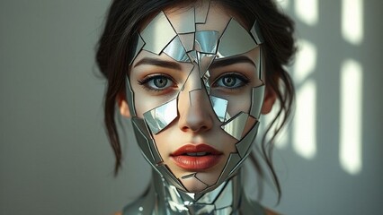 "Shattered mirror pieces arranged to form complete portrait"
