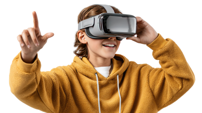 Immersive Reality: A young person is fully immersed in the simulated environment of virtual reality, reaching out with a gesture of interaction and discovery.