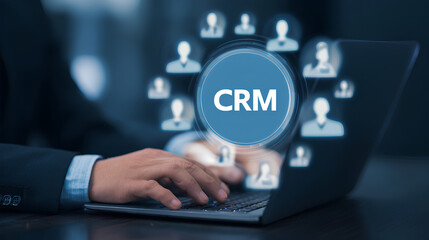 Customer relationship management software concept. CRM for sales, Sales control and monitoring software with client database. Businessman using laptop with CRM icon on virtual screen.