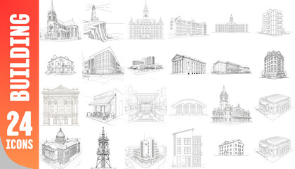 Fototapeta premium 24 building icons in line art style with minimalist design 