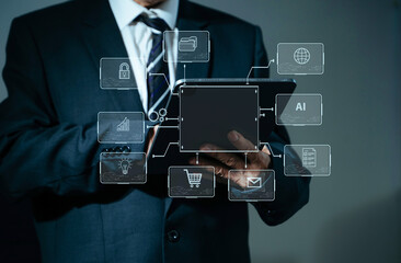 gital marketing media in virtual screen.businesswoman hand working with mobile phone and modern...