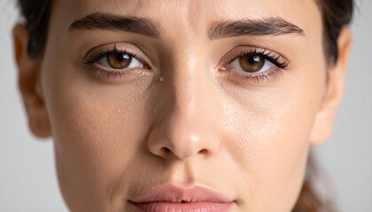 Close up of a woman make a sad face and closed eyes crying with tears.

