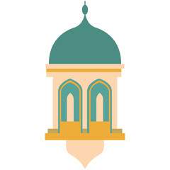 3D flat illustration of a mosque building with arched windows and a green dome. Perfect for Islamic projects, Eid, or spiritual content.
