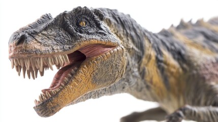 Fototapeta premium Detailed toy model of a fierce Tyrannosaurus rex head with open mouth, sharp teeth, intense yellow eyes, textured scaly skin, dark gray, brown, and pink hues.