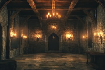 Medieval room illuminated by flickering torches reveals a mystical atmosphere of ancient history, medieval room illuminated by flickering torches seamless ing background
