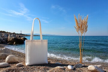 Blank tote bag on beach