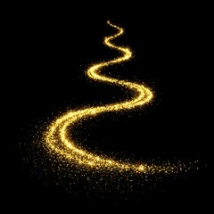 Animation of gold glitter light trail spiral with magic swirl path on black background
