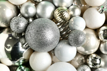 White and silver Christmas balls as background