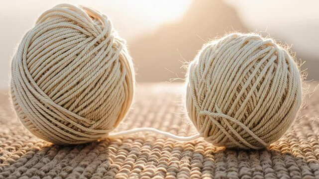 Two balls of beige yarn connected on woven surface in warm light