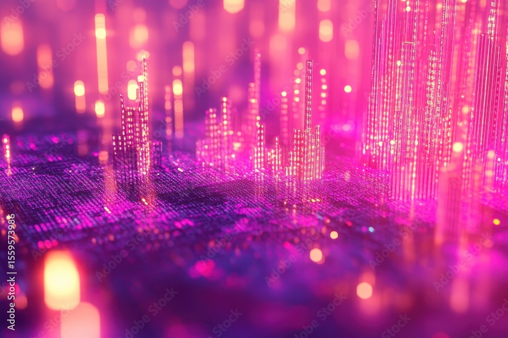 Poster Digital code illuminated in vibrant colors creates an abstract, futuristic landscape with shallow depth of field, Digital code with shallow depth of field Seamless 3D Render